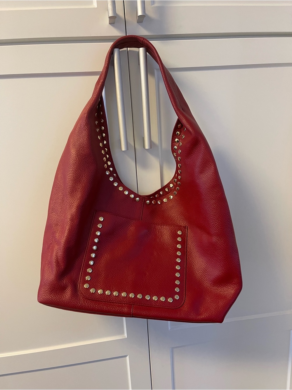 Laggo - Mara Large Red Soft Pebble Leather Hobo Stud-Trim Shoulder Bag